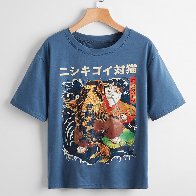 

Fish & Cat Graphic Tee, Blue