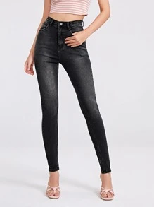 Zipper Fly High Waist Skinny Jeans - Dark Grey - View 1