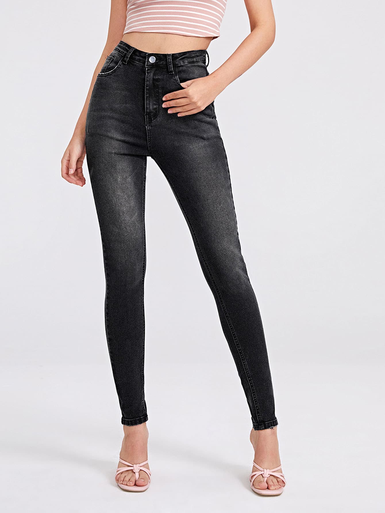 Zipper Fly High Waist Skinny Jeans - Dark Grey - View 1