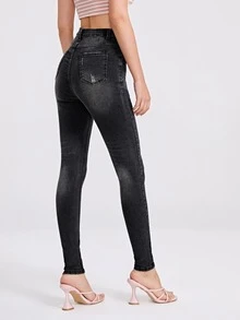 Zipper Fly High Waist Skinny Jeans - Dark Grey - View 2