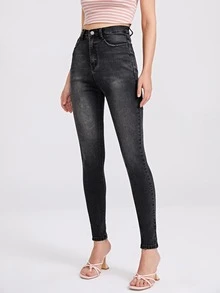 Zipper Fly High Waist Skinny Jeans - Dark Grey - View 3