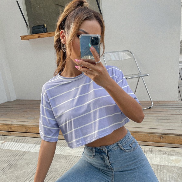 

Striped Drop Shoulder Crop Tee, Lilac purple