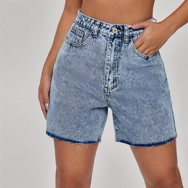 

High Waist Raw Hem Denim Shorts, Medium wash