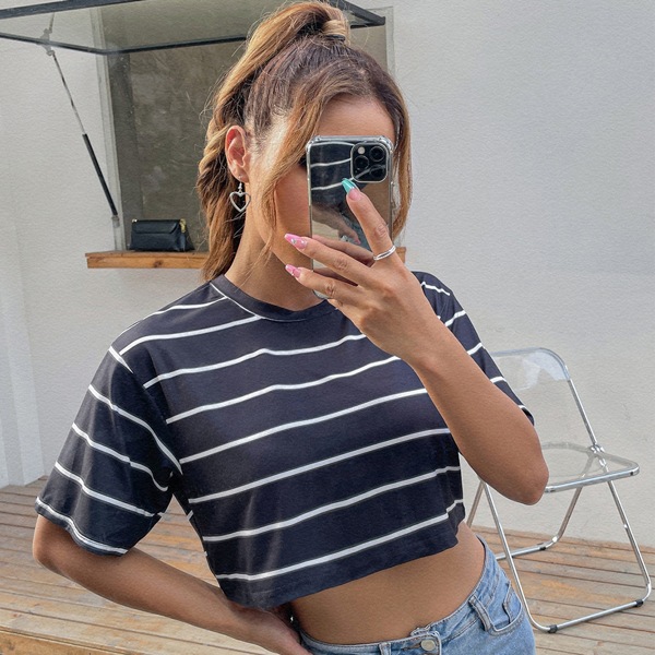 

Striped Drop Shoulder Crop Tee, Black
