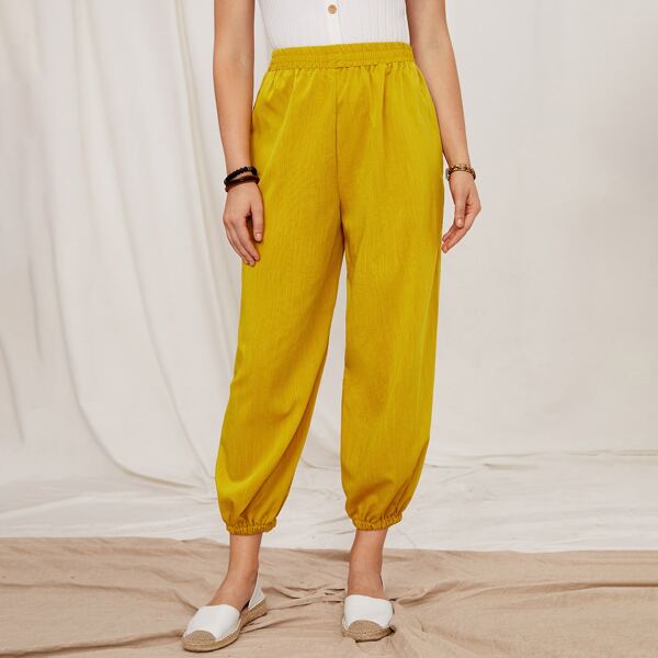 

Solid Elastic Waist Cropped Tapered Pants, Yellow