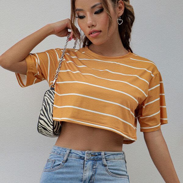

Striped Drop Shoulder Crop Tee, Mustard yellow