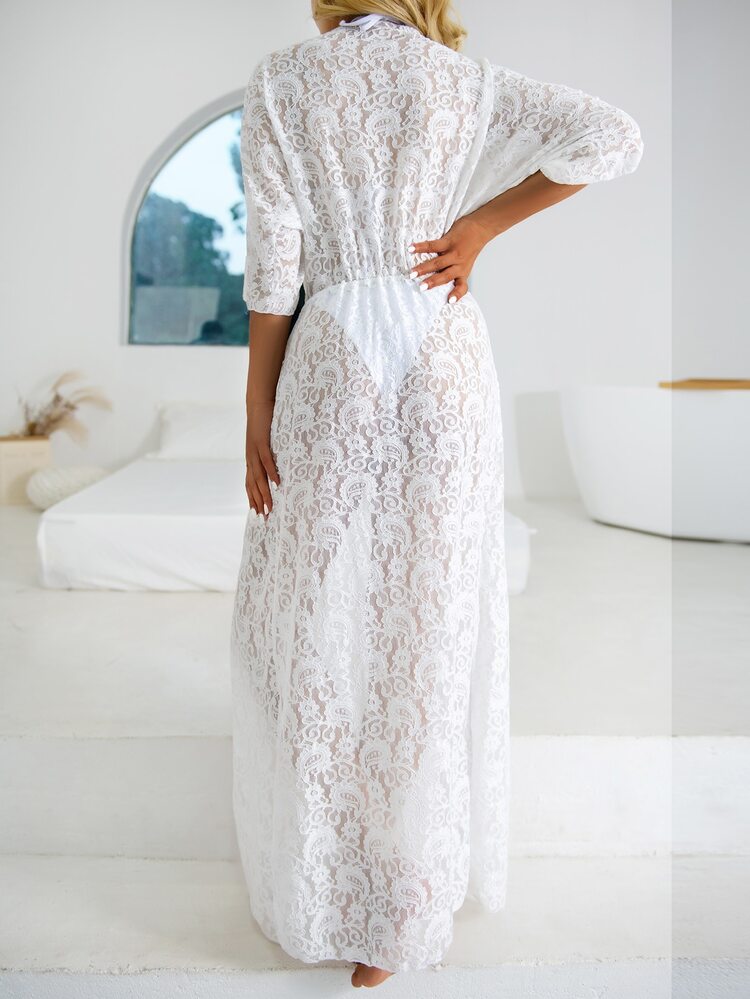 花卉蕾丝和服，适合夏季海滩度假 - 白色 - 查看 2