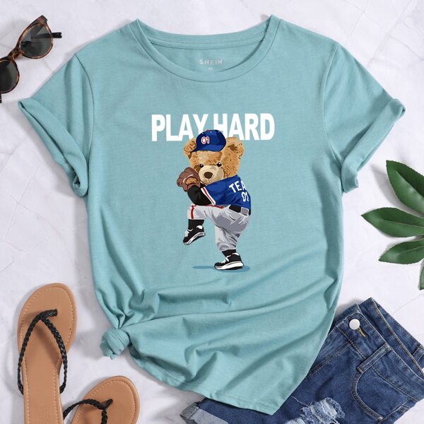 

Slogan & Toy Bear Print Tee, Cadet blue