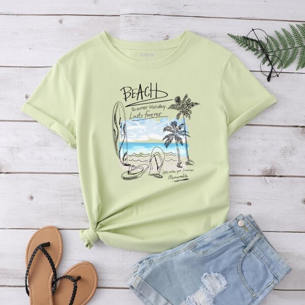 

Letter & Tropical Print Tee, Lime green
