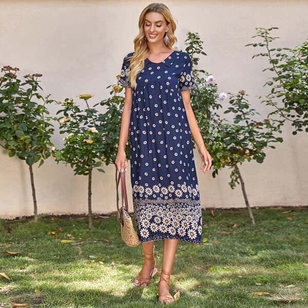

Daisy Floral Babydoll Dress, Navy blue