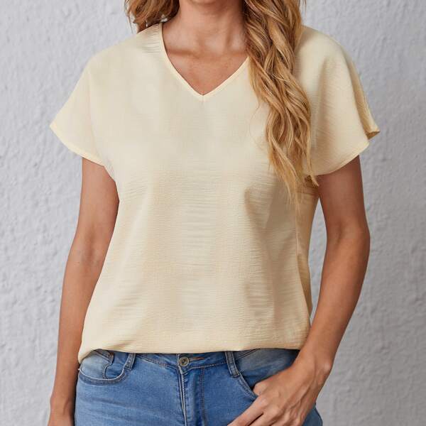 

Solid V-neck Batwing Sleeve Blouse, Beige