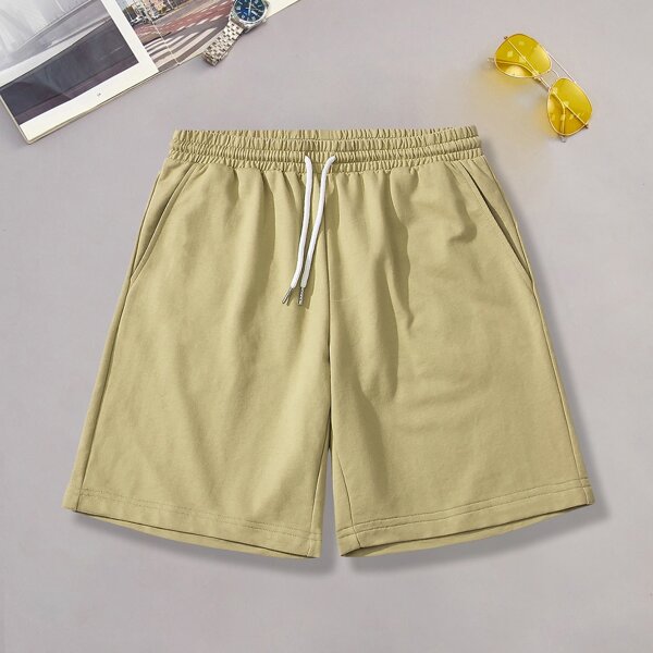 

Men Solid Drawstring Waist Shorts, Khaki