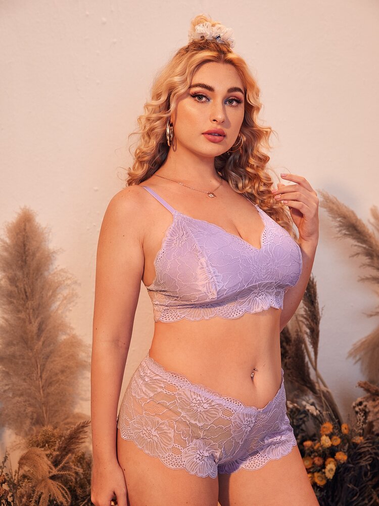 Plus Floral Lace Lingerie Set - Lilac Purple - View 3