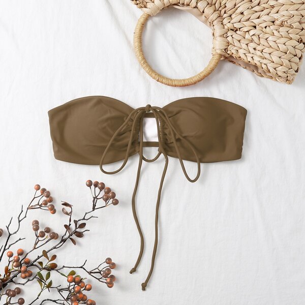 

Tie Front Bandeau Bikini Top, Coffee brown