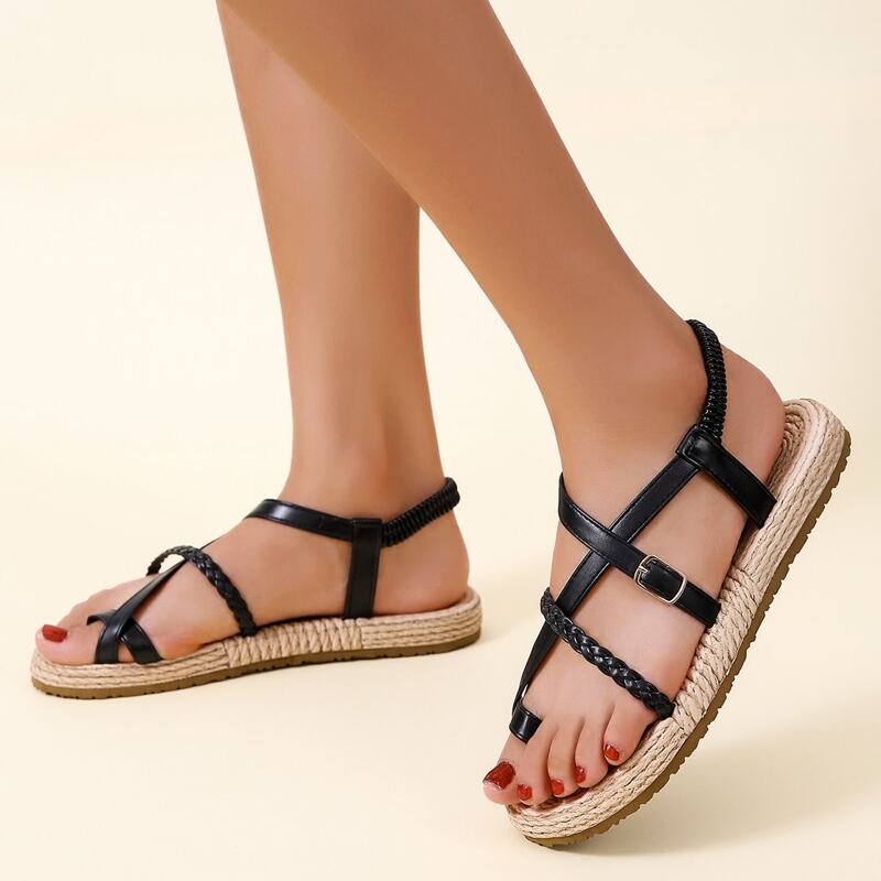 

Buckle Decor Braided Design Thong Sandals, Black