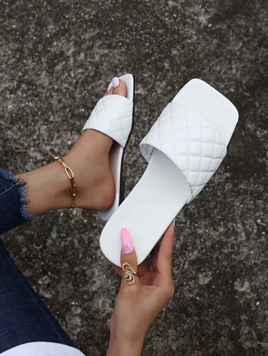 Minimalist Quilted Slide Sandals - White - View 1