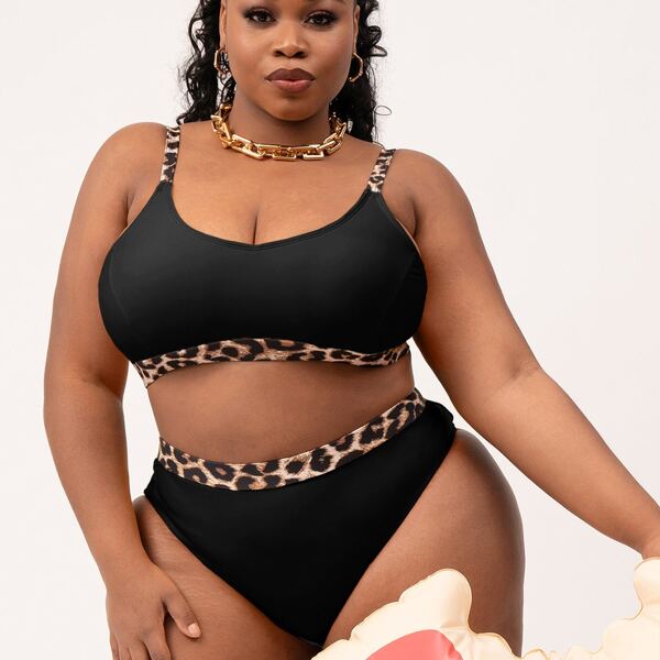 

Plus Leopard Trim Bikini Swimsuit, Black