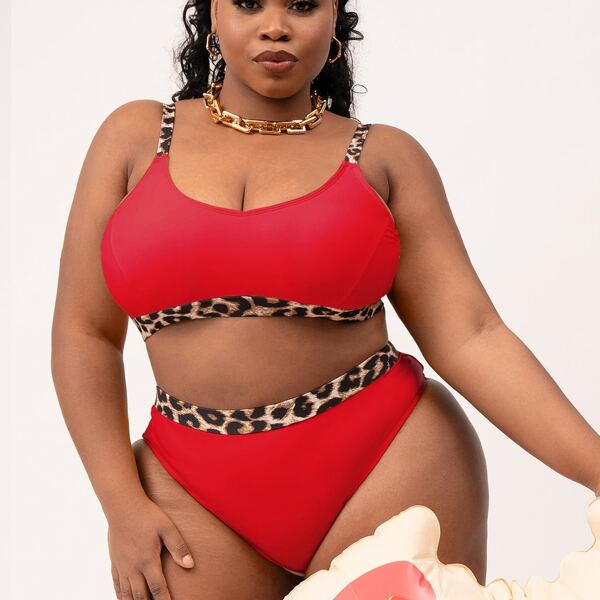 

Plus Leopard Trim Bikini Swimsuit, Red