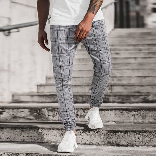 

Men Plaid Drawstring Waist Pants, Grey