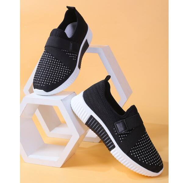 

Rhinestone Decor Velcro Strap Sneakers, Black