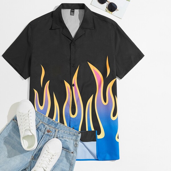 

Men Fire Print Button Front Shirt, Black