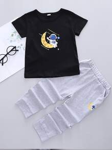 SHEIN Toddler Boys Cartoon Graphic Tee With Sweatpants - Multicolor - View 1