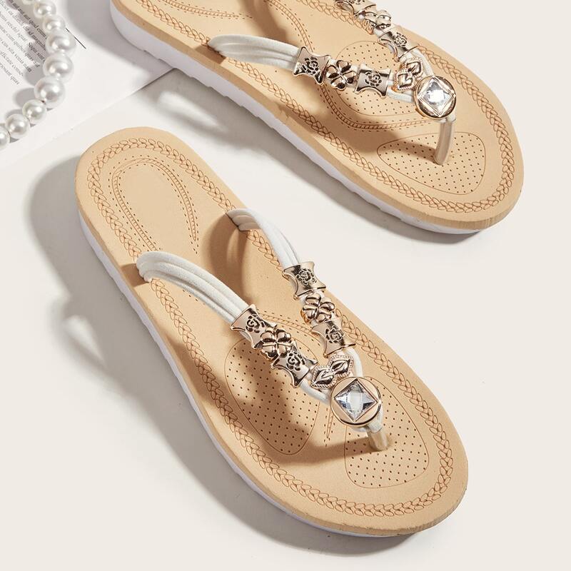 

Metal Decor Thong Sandals, Beige