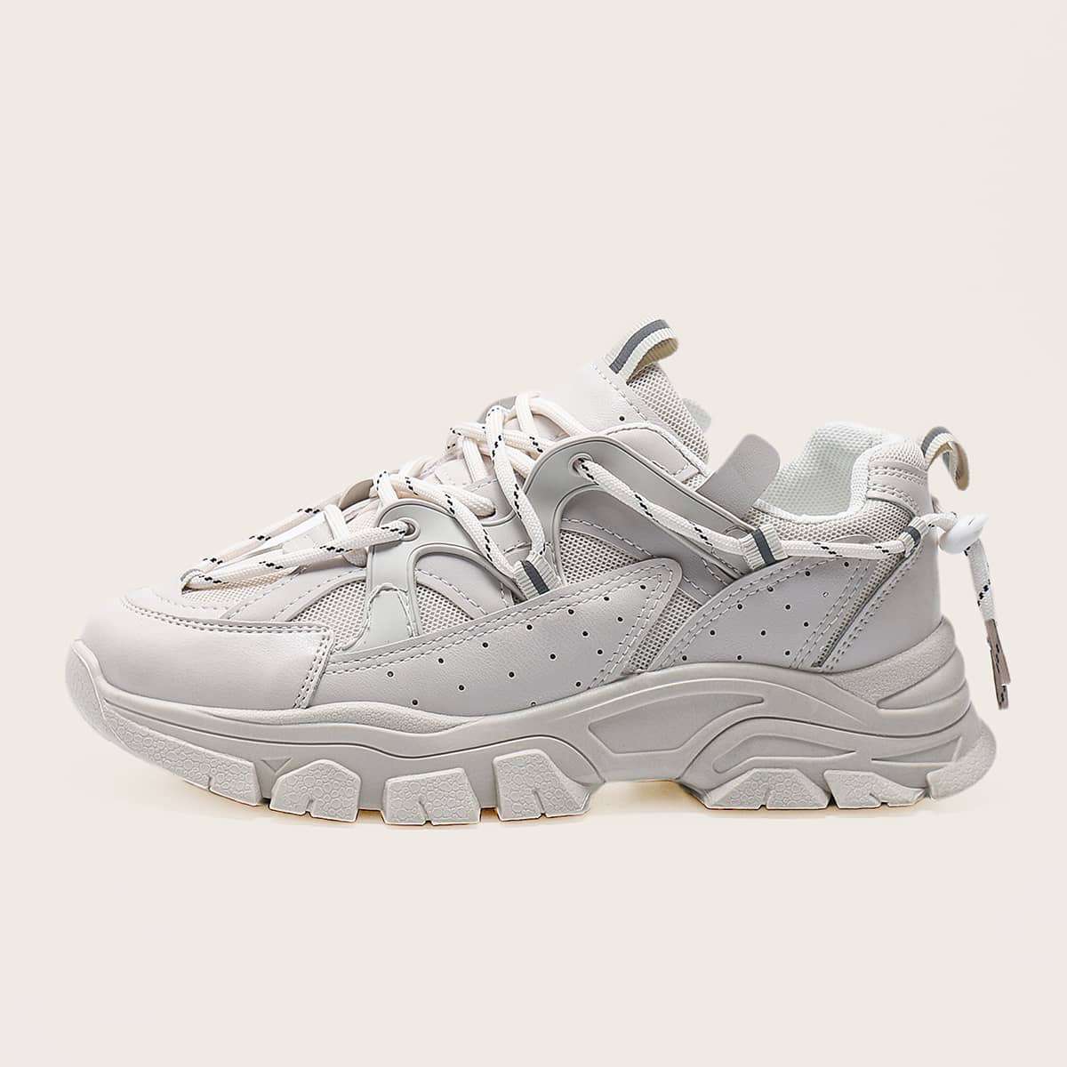 

Lace-up Front Mesh Panel Chunky Sneakers, Beige