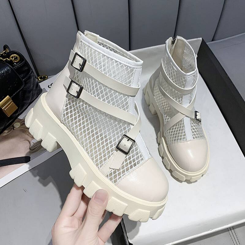 

Criss Cross Buckle Mesh Ankle Boots, Beige