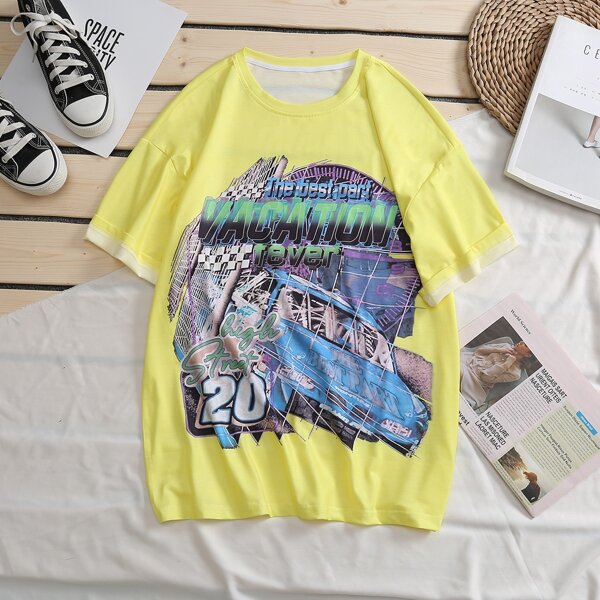 

Men Letter And Car Print Tee, Yellow