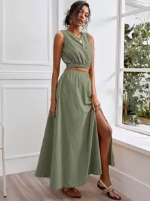 素色背心上衣和開衩大腿半身裙 - 綠色 - 查看 1