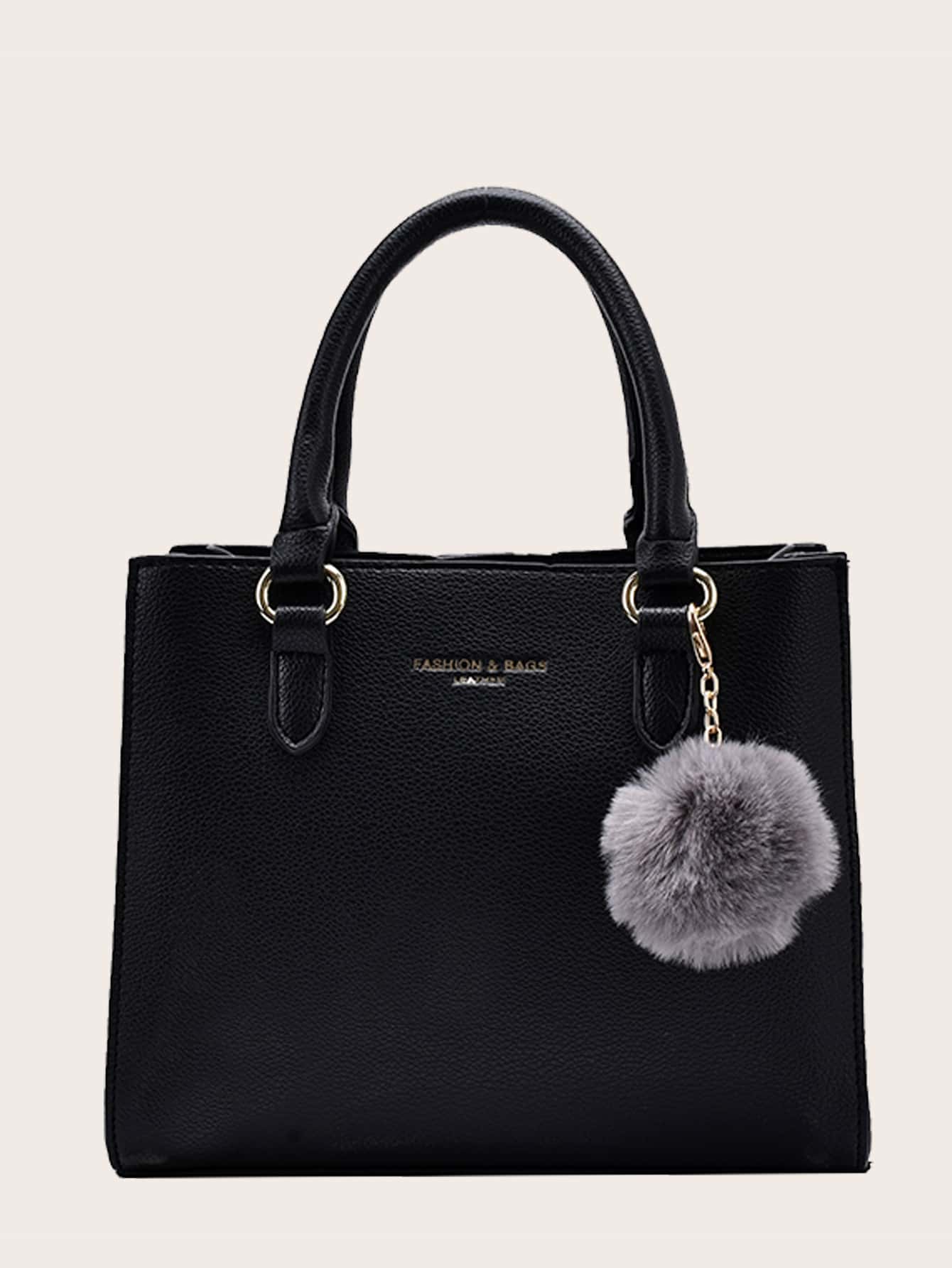 Pom Pom Decor Satchel Bag - Black - View 1
