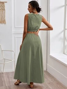素色背心上衣和開衩大腿半身裙 - 綠色 - 查看 2