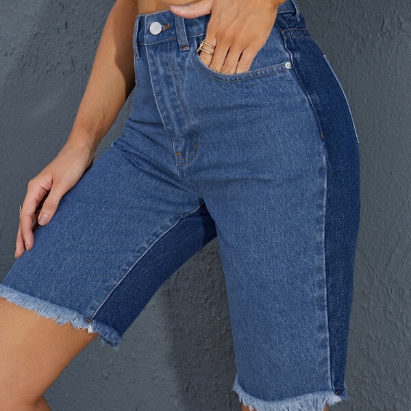 

High Waist Raw Hem Denim Shorts, Medium wash
