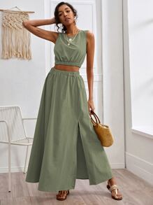 素色背心上衣和開衩大腿半身裙 - 綠色 - 查看 3