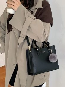 Pom Pom Decor Satchel Bag - Black - View 2