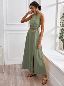 素色背心上衣和開衩大腿半身裙 - 綠色 - 查看 4