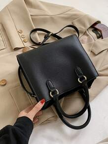 Pom Pom Decor Satchel Bag - Black - View 3