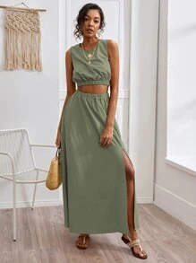 素色背心上衣和開衩大腿半身裙 - 綠色 - 查看 5