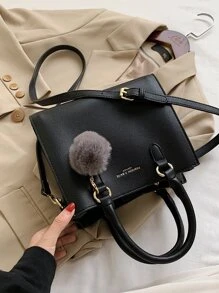 Pom Pom Decor Satchel Bag - Black - View 4