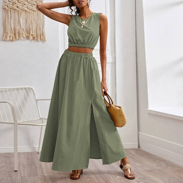 

Solid Tank Top & Split Thigh Skirt, Green