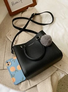 Pom Pom Decor Satchel Bag - Black - View 5