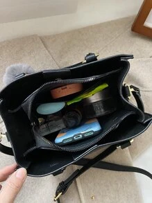 Pom Pom Decor Satchel Bag - Black - View 6