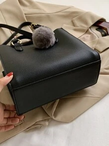 Pom Pom Decor Satchel Bag - Black - View 7