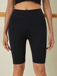 Yoga Basic High Waist Rib-knit Sports Biker Shorts - Black - View 2