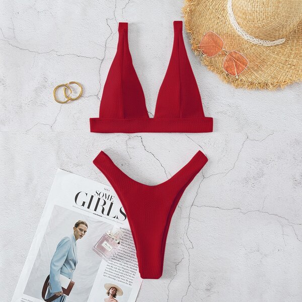 

Textured V Neck High Cut Bikini Swimsuit, Coral pink
