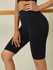 Yoga Basic High Waist Rib-knit Sports Biker Shorts - Black - View 4