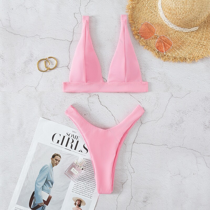 

Rib V Neck High Cut Bikini Swimsuit, Baby pink