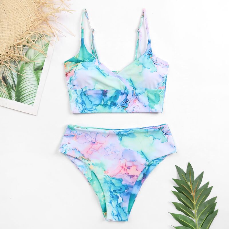 

Marble Print High Waisted Bikini Swimsuit, Multicolor