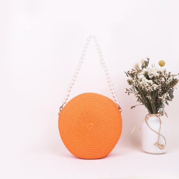 

Faux Pearl Decor Straw Bag, Orange